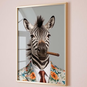 Zebra in Suit With Cigar Vintage Portrait, Altered Animal Art, Trendy Eclectic Maximalist Wall Decor