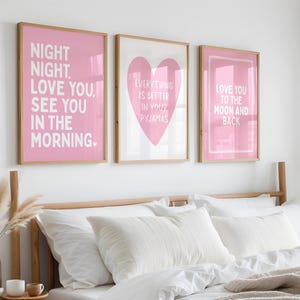 Pink Bedroom Art Prints Set: Love You, Pyjamas, Night Night Wall Decor