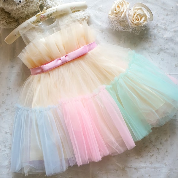 Blumenmädchen Kleinkind Baby Tüll Kinder Prinzessin Regenbogen Kleid Hochzeit Brautjungfer Kleid Geburtstag Party Tüll Tanzen Festzug Kleider Ball Frühling