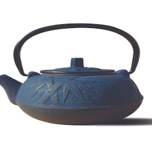 May include: A blue cast iron teapot with a bamboo design. The teapot has a black handle and a black lid.