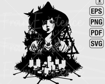 Linda bruja con velas SVG, imágenes prediseñadas góticas de Halloween (descarga digital)
