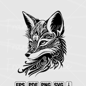 Gothique renard esprit Svg, Clipart renard, design animal noir, Illustration de renard sauvage, fichier coupé, graphique Png foxy, téléchargement numérique, vecteur