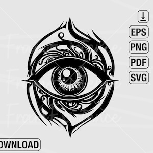 May include: Black and white illustration of a stylized eye with intricate details around it.