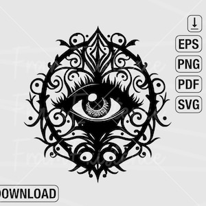 May include: Black and white illustration of a stylized eye with intricate floral designs surrounding it. The eye is detailed with eyelashes and a pupil.