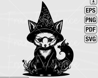 Witch Fox Svg, Fox Clipart, Black Animal Design, Wild Wizard Fox Illustration, Cut File, Foxy Png Graphic, Digital Download, Vector