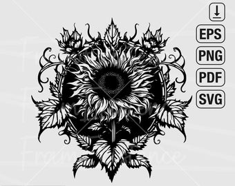 Old Gothic Sunflower SVG, Flower Svg, Digital Download, Clipart, Distressed Sunflower, Svg File Cricut, Png,Eps, Silhouette, Cameo
