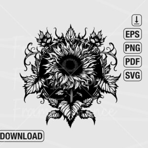 Old Gothic Sunflower SVG, Flower Svg, Digital Download, Clipart, Distressed Sunflower, Svg File Cricut, Png,Eps, Silhouette, Cameo
