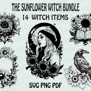 Die Sonnenblume Hexe SVG Bundle, Hexe svg, Sonnenblume svg, magische svg, mystische svg, Hexerei svg, heidnische svg, heidnische png, Blumen Hexe svg