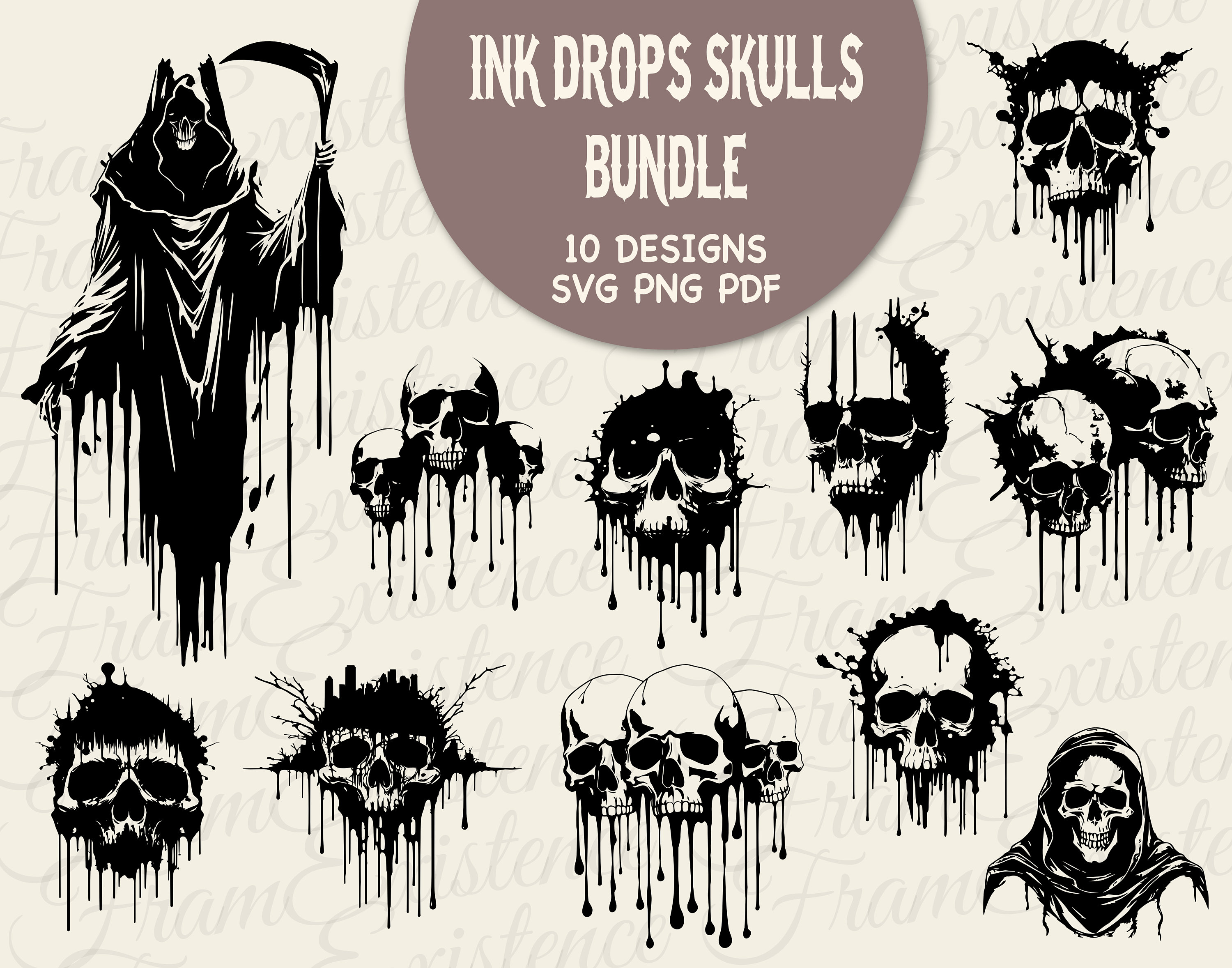 Ink Drops Skulls Svg Bundle, sublimation files, Skull cut files, skull pngs, Bundle SVG / Halloween SVG / Gothic SVG / Cricut Cutting File