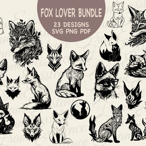 Amant de renard Svg Bundle, Clipart renard, design animal noir, Illustration de renard sauvage, fichier coupé, graphique Png Foxy, téléchargement numérique, vecteur