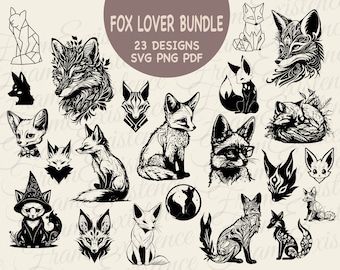 Fox amant Svg Bundle, Fox Clipart, Design Animal noir, Illustration de renard sauvage, couper fichier, Foxy Png graphique, téléchargement numérique, vecteur