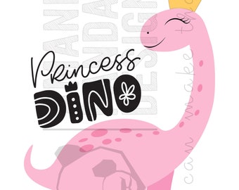 May include: Pink dinosaur wearing a gold crown with the text "Princess Dino" in black lettering.