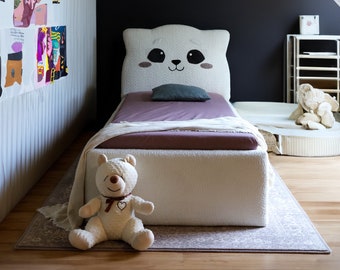 Katzenbett | Katzenbett für Kinder | Katzenförmiges Bett | Süßes Bett | Boucle | 90x200 | Bettwäschebehälter |