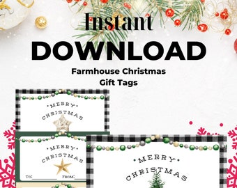 Farmhouse Christmas Gift Tags, printable christmas tags, printable wrapping, christmas wrapping, buffalo plaid holiday, gift tags