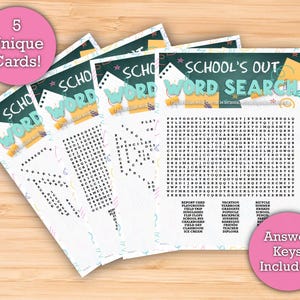 School&#39;s Out Word Search (ADVANCED) - Printable Download - 5 Unique Word Search Cards - Perfect Last Day of School Game or Class Activity