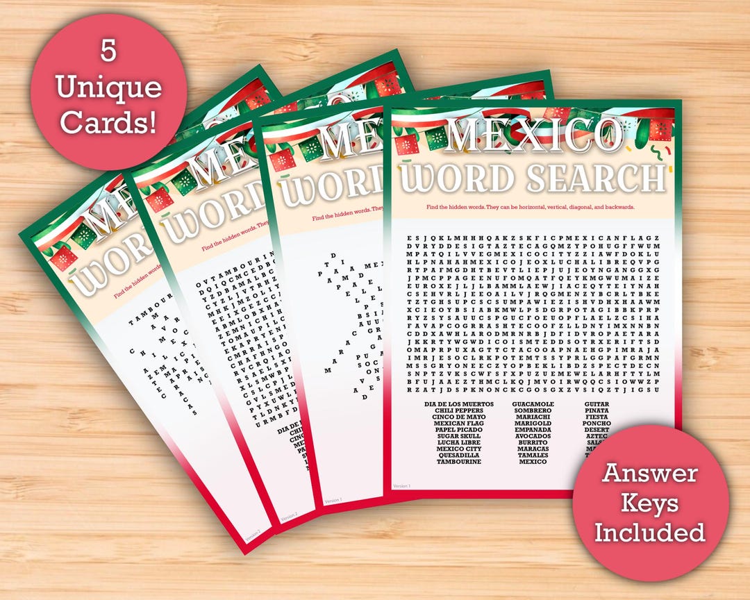 Mexico Word Search (ADVANCED) - 5 Unique Printable Puzzle Cards ...