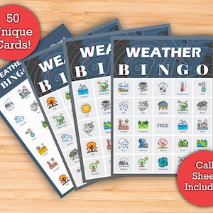 Bingo météo - téléchargement imprimable - 50 cartes de bingo uniques - activité en classe météo parfaite/sciences des biomes