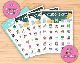 Schooluitje Bingo - Afdrukbare download - 50 unieke bingokaarten - Perfecte laatste schooldag-partygame of klasactiviteit