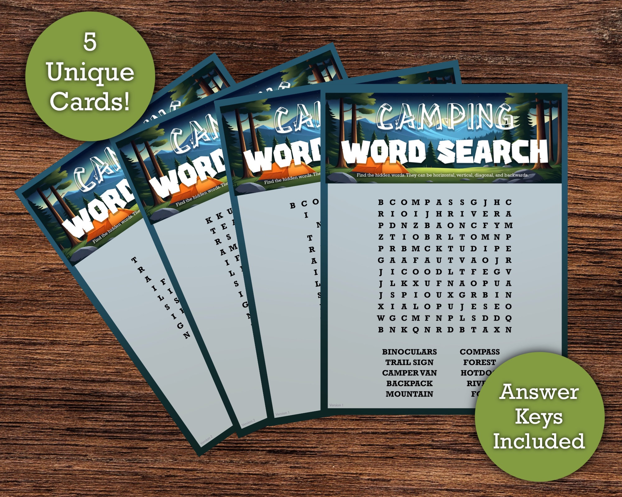 Camping Word Search (EASY) - Printable Download - 5 Unique Word Search ...