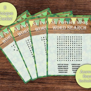 St. Patrick&#39;s Day Word Search (EASY) - Printable Download - 5 Unique Word Search Cards - Perfect St. Patrick&#39;s Party or Class Activity