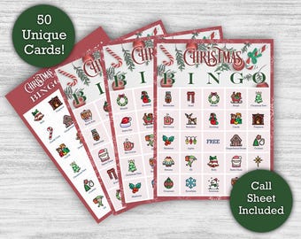 Christmas Bingo - Printable Download - 50 Unique Bingo Cards - Perfect Christmas Party Game or Class Activity