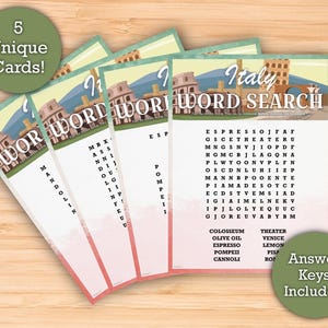 Italy Word Search (EASY) - Printable Download - 5 Unique Word Search Cards - Perfect World Country Culture Social Studies Class Activity