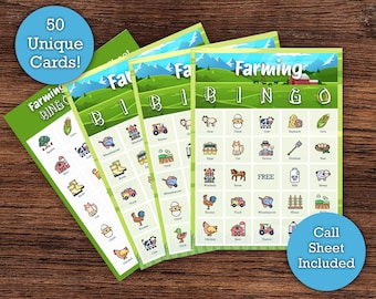Farming Bingo - Printable Download - 50 Unique Bingo Cards - Perfect Farm Party Game or Class Activity