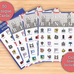 May include: A stack of United Kingdom Bingo cards with colorful illustrations of UK landmarks and icons. The cards feature the text "United Kingdom Bingo" and "50 Unique Cards!" A call sheet is included.