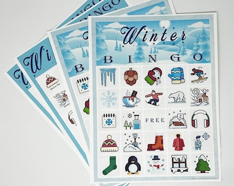 May include: A blue and white winter bingo card with images of winter-themed items like a snowman, a penguin, a mitten, and a snowflake. The card says "Winter Bingo" at the top.