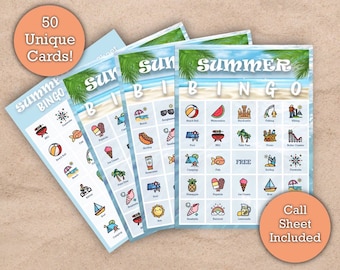Bingo de verano, Descarga imprimible, 50 cartones de bingo únicos, Juego perfecto para fiestas de verano o actividad de clase