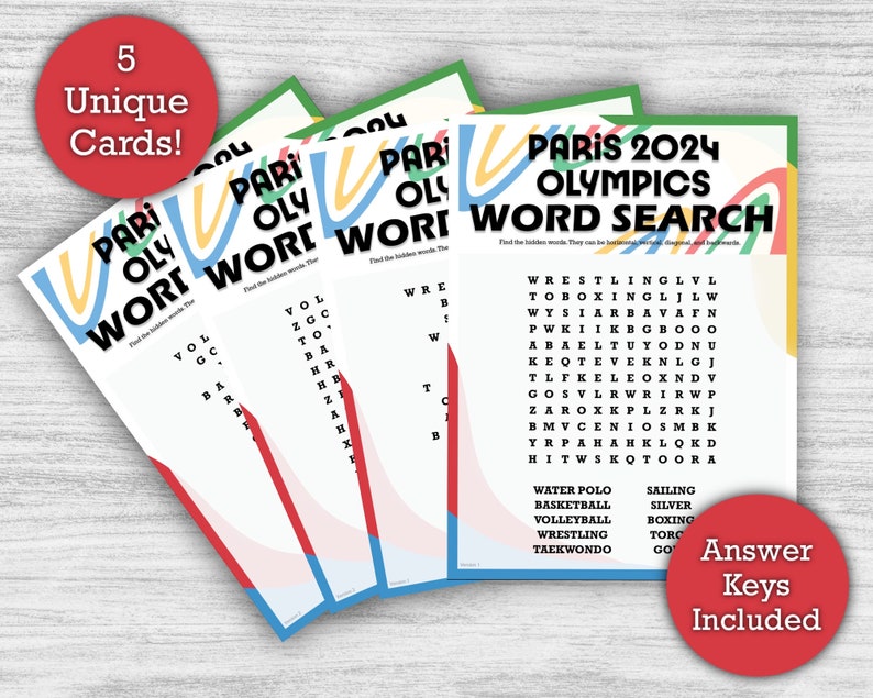 2024 Olympics Word Search EASY Printable Download 5 Unique Word Search