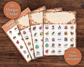 May include: Set of 50 Thanksgiving Bingo cards with a call sheet included. Each card features a 5x5 grid with images of Thanksgiving-themed items like turkeys, pumpkins, corn, and pilgrim hats. The cards are printed on white cardstock with a brown and orange border.