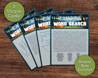 Camping Word Search (ADVANCED) - Printable Download - 5 Unique Word Search Cards - Perfect Camping Party Game or Class Activity