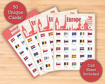 Europabingo - afdrukbare download - 50 unieke bingokaarten - geschiedenis/aardrijkskunde van Perfect Europe Classroom Activity