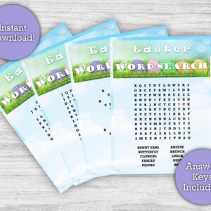 May include: Printable Easter word search puzzle with a blue, green, and white background. The puzzle features a colorful illustration of Easter eggs and grass. The words to find are listed on the right side of the page. The words include: bunny ears, butterfly, flowers, family, picnic, breeze, brunch, chick, nest, and  "Answer Keys Included".