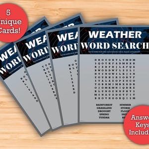 Recherche par mot météo (facile) - impression à télécharger - 5 cartes uniques de recherche par mot - activité de classe de science météo parfaite/biomes