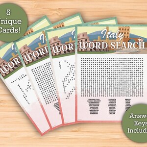 Italy Word Search (ADVANCED) - Printable Download - 5 Unique Word Search Cards - Perfect World Country Culture Social Studies Class Activity