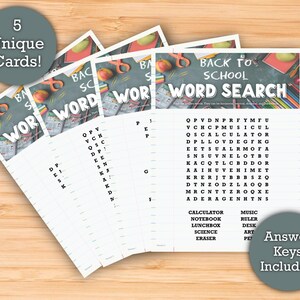 Búsqueda de palabras para la vuelta al cole (FÁCIL) - Descarga imprimible - 5 tarjetas de búsqueda de palabras únicas - Actividad perfecta para el aula con material escolar