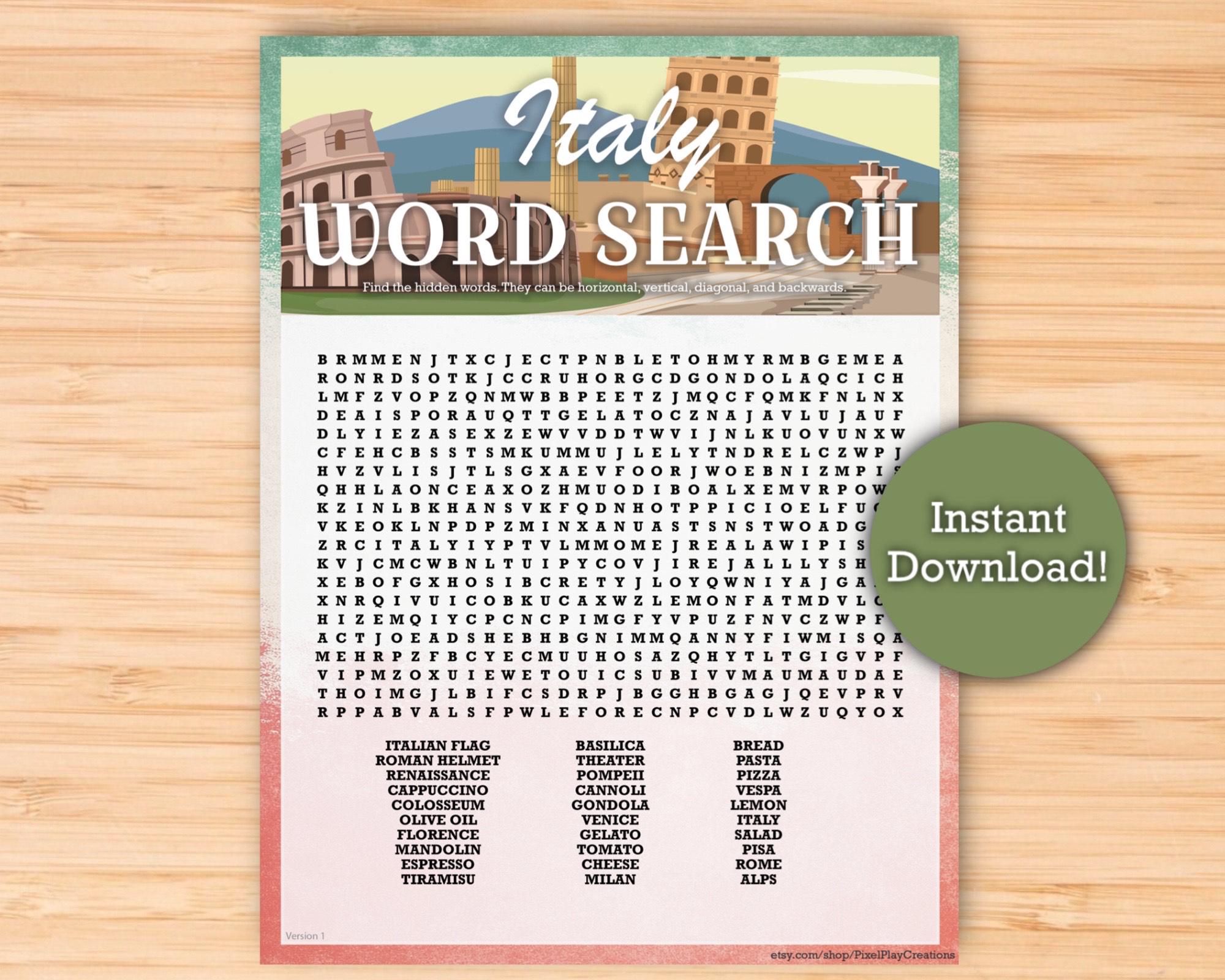 Italy Word Search (ADVANCED) - Printable Download - 5 Unique Word ...
