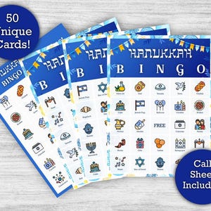 Bingo de Hanoucca - Téléchargement imprimable - 50 cartes de bingo uniques - Jeu de fête parfait de Hanoucca ou activité de classe
