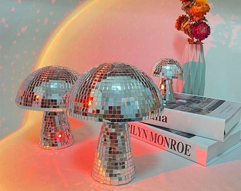 Sparkling Disco Mushroom Mirror Art Decor, Silver Disco Ball Mushroom Ornaments Craft for Wedding Bachelorette Birthday Bar Party
