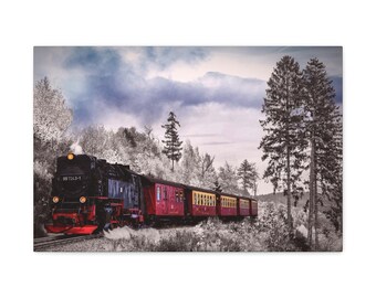 Canvas wall art of colorful old passenger train winding through a mountain pass