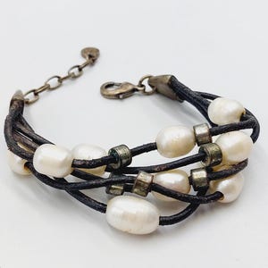 Vintage Leather Pearl Bracelet - Real fresh water white sea river pearls multiple leather strings adjustable size jewelry gift