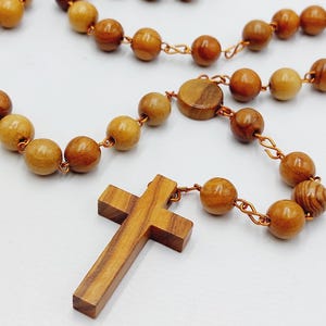 Vintage Pale Wooden Rosary - Authentique christian Paternoster cross olive tree wood beads praying mala our lady mary rosario gift