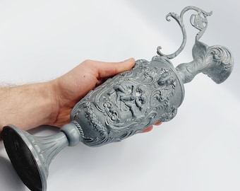 Italian Pitcher Vase in 90% pewter - Vintage Gorgeous metal jug pitcher flower pot goat head victorian gothic home decoration floral cherubs