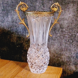 Vintage Cut Glass Trophy Vase with 2 Brass Handles - Heavy glass art ornate home decoration