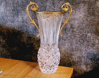Vintage Cut Glass Trophy Vase with 2 Brass Handles - Heavy glass art ornate home decoration