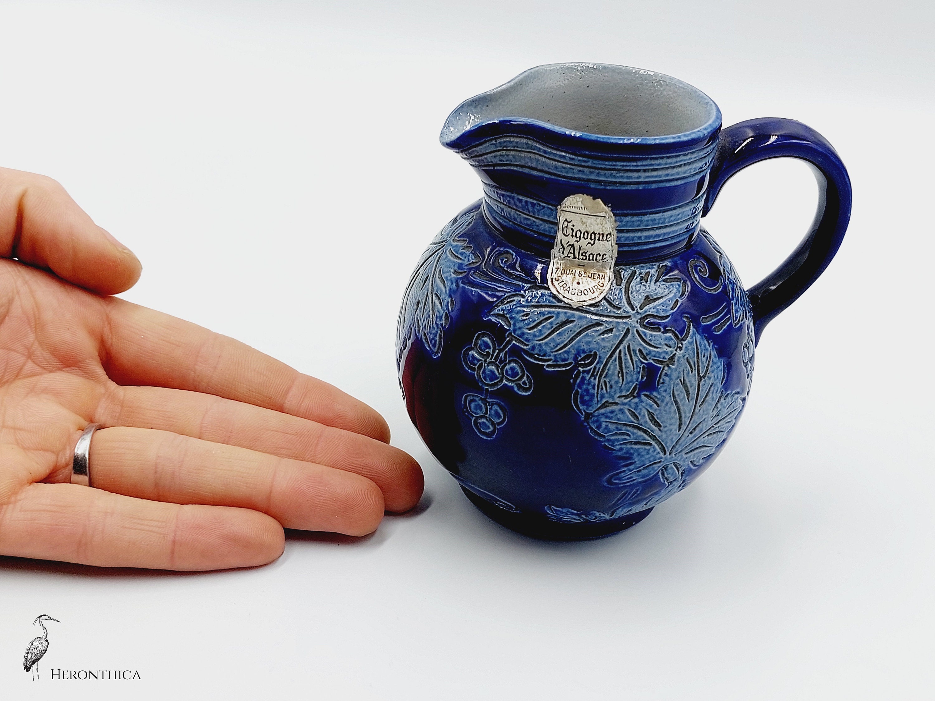Vintage Blue Glazed Wine Pitcher With Vintage Address Label Cigogne D ...