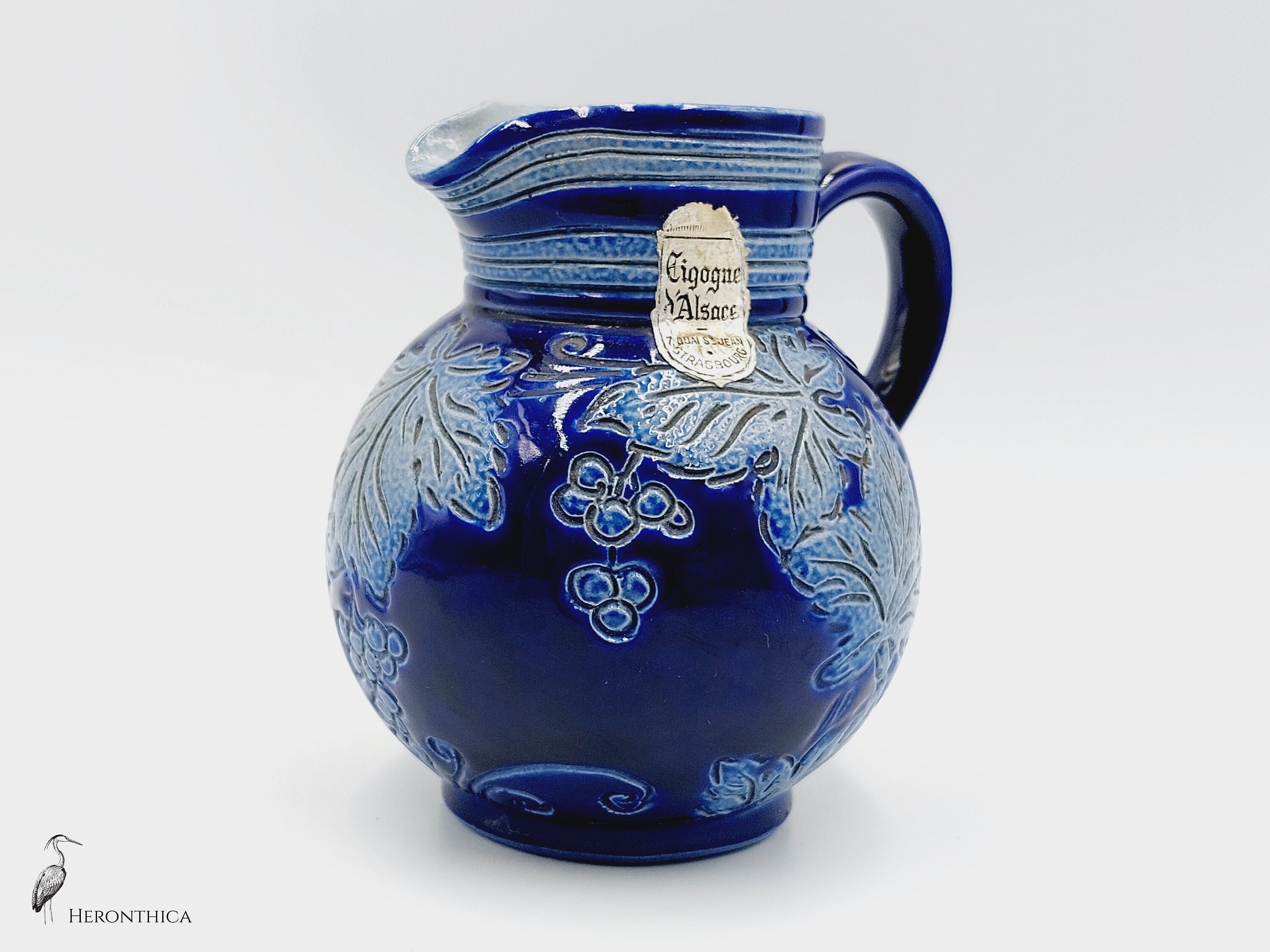 Vintage Blue Glazed Wine Pitcher With Vintage Address Label Cigogne D ...