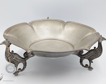 Antique Fruit bowl by C.Kurz & Co Tiel Holland | Thougned pewter ware | 1935 - ...  fruit dish plate decorated with birds with vintage label